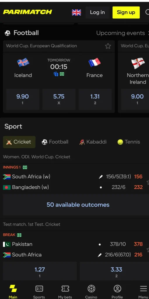 Sports betting on Parimatch