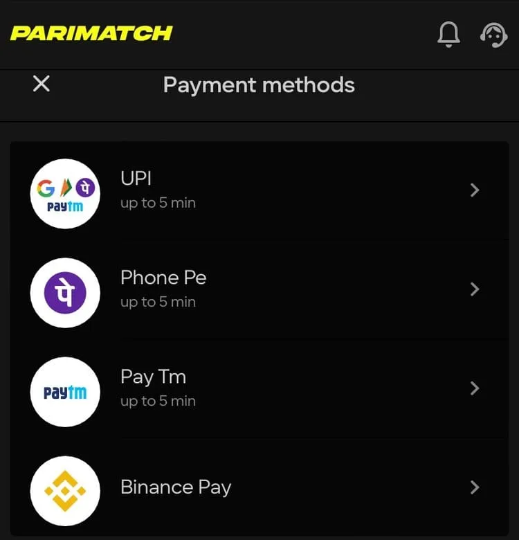 Payment Methods Parimatch