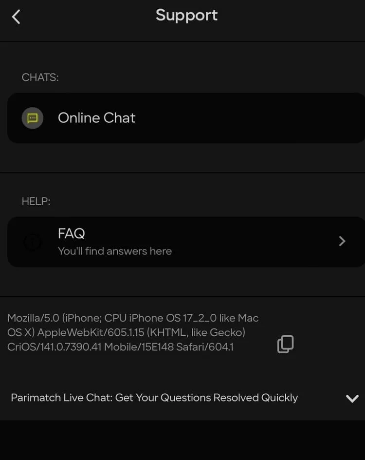 Customer care support Parimatch