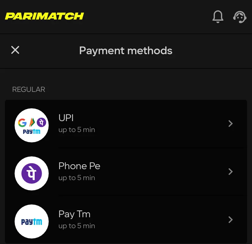 Regular Payment Methods Parimatch 