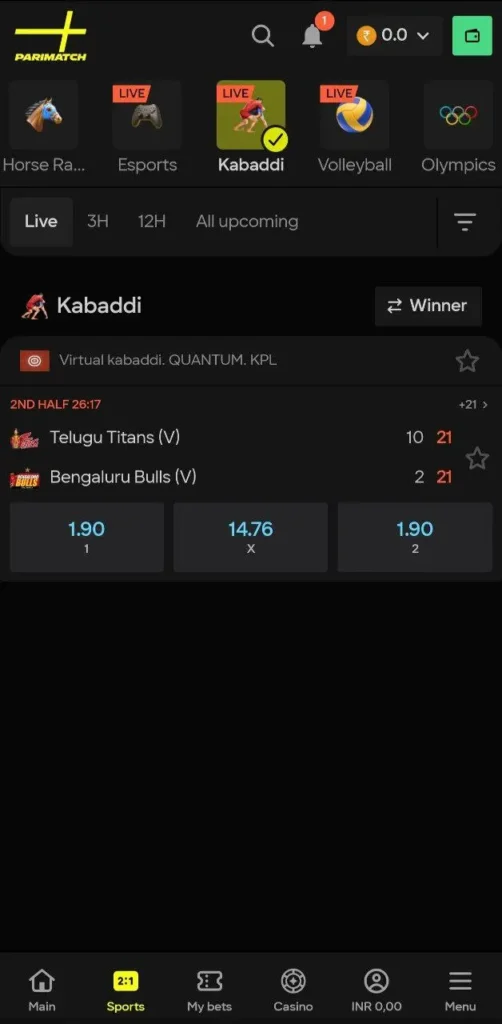 Parimatch Kabaddi matches betting