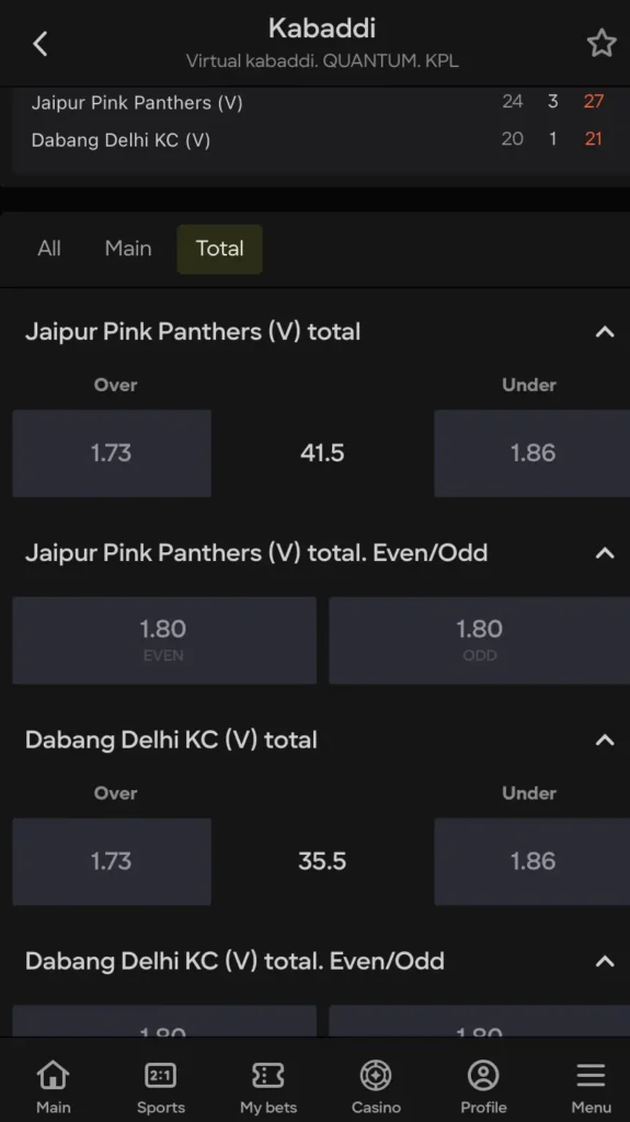 Even/Odd Bets on Kabaddi