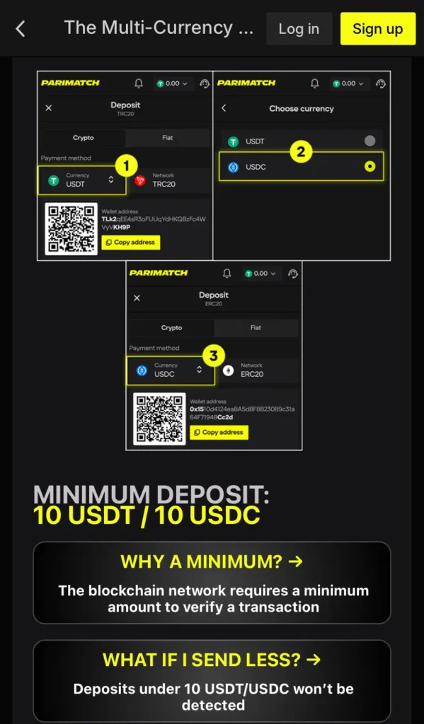 Deposits with Crypto at Parimatch