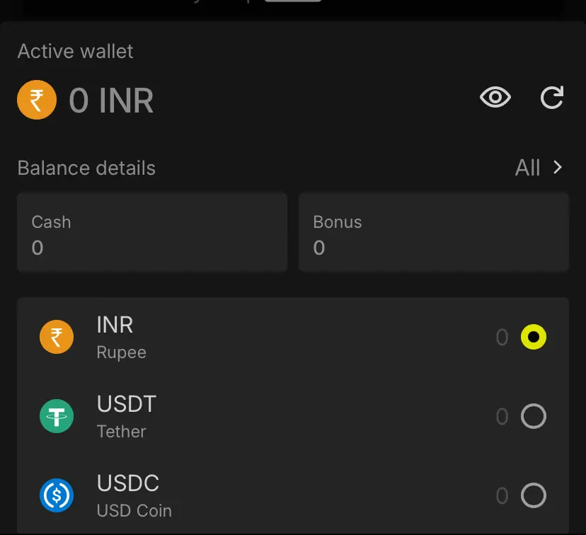 Active wallet at Parimatch