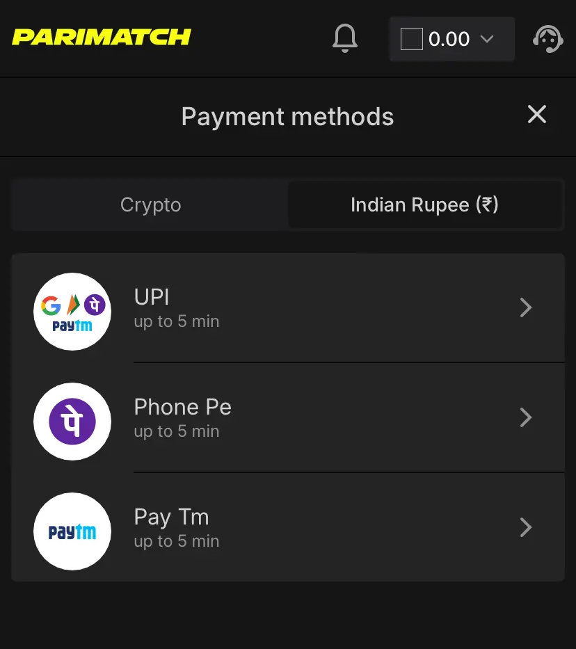 Traditional payment methods at Parimatch